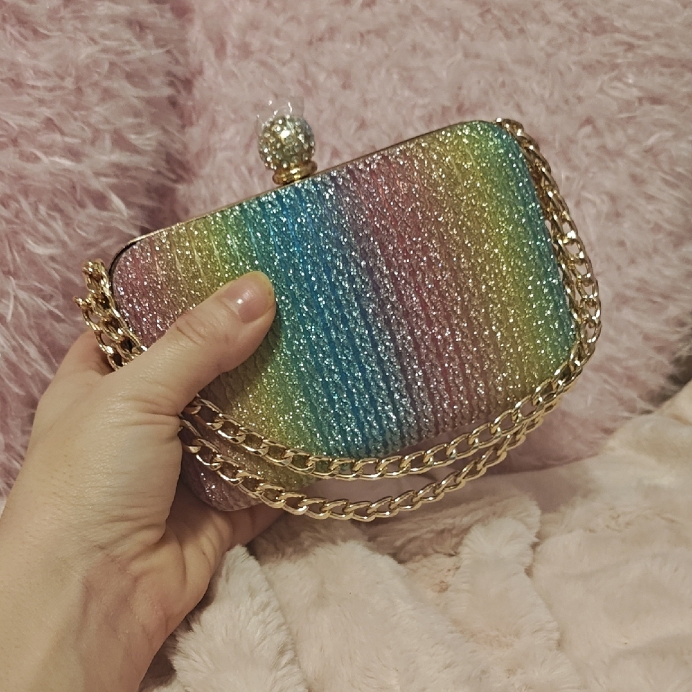 Rainbow Glitter Clutch with Gold Chain